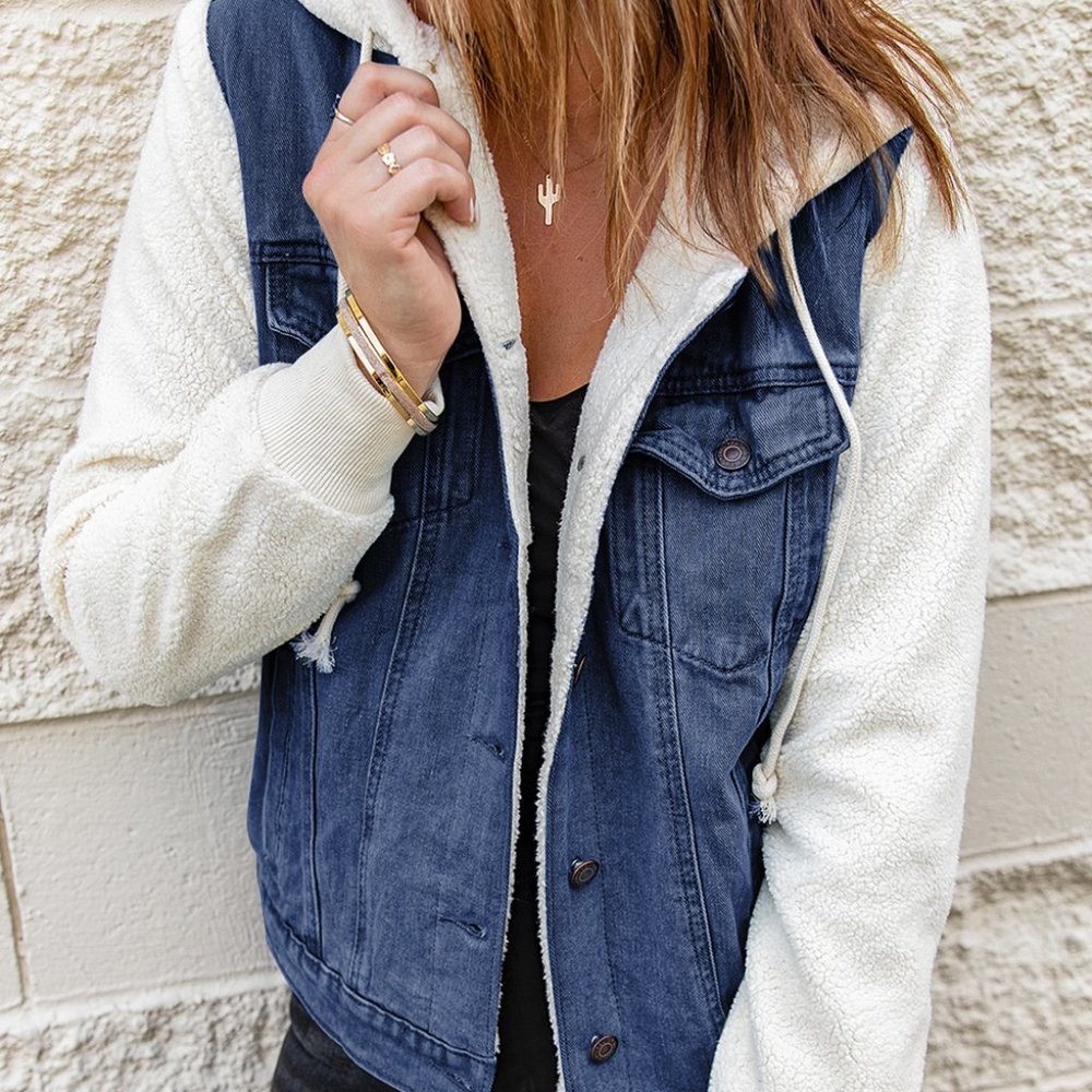 Two-Tone Spliced Denim Sherpa Hooded Jacket,Dark Blue,Large,NWT